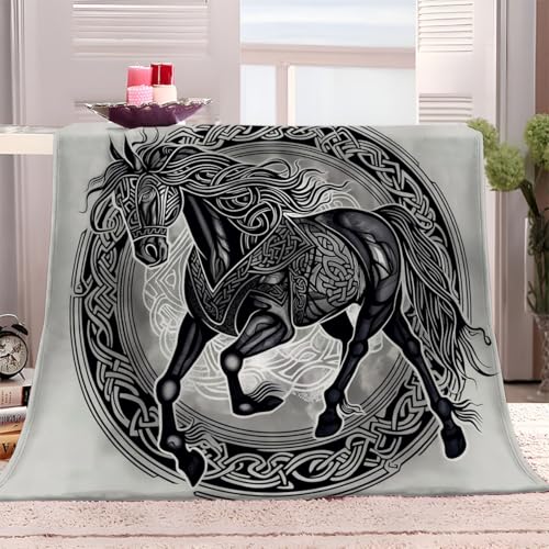 Kuscheldecke Flauschig Decke 180x200 cm Fleecedecke Sofadecke Warm Flauschige Retro-Symbol Pferd Grau Wohndecke Couchdecke, Sherpa Decke Weich Sofaüberwurf von Generisch