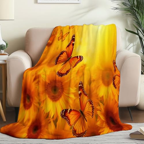 Kuscheldecke Kinder 100 x 130 cm - Retro Blumen Sonnenblumen Schmetterlinge Drucken Flauschig Wohndecke für Jungen Mädchen, Gelb Weiche und Komfort Flanell-Kinderdecke für Herbst und Winter von Generisch