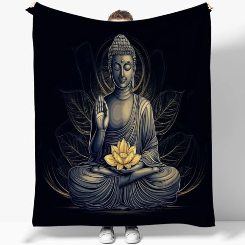 Kuscheldecke Sherpa Decke Buddha-Statue Lotus Flanell Gedruckte Decke Dunkel Mikrofaser Sherpa Fleecedecke Weich Dicke Wohnzimmerdecke Tagesdecke Sofadecke Wohndecke 180 x 200 cm von Generisch