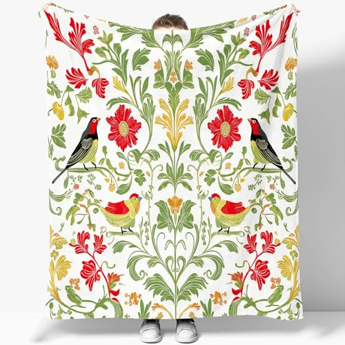Kuscheldecke Sherpa Decke William Morris Vögel Blumen Weinreben Flanell Gedruckte Decke Weiß Mikrofaser Sherpa Fleecedecke Weich Dicke Wohnzimmerdecke Tagesdecke Sofadecke Wohndecke 180 x 200 cm von Generisch