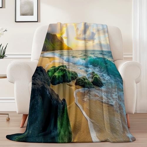 Kuscheldecke mit Landschaft Felsen Meer Drucken, Grün Gelb Weich Atmungsaktiv Überwurf 220 x 240 cm für Frauen Kinder Schlafzimmer Wohnzimmer - Pflegeleicht für Bett Couch Sofa Stuhl Büro Kuscheldecke mit Landschaft Felsen Meer Drucken, Grün Gelb Weich Atmungsaktiv Überwurf 220 x 240 cm für Frauen Kinder Schlafzimmer Wohnzimmer - Pflegeleicht für Bett Couch Sofa Stuhl Büro von Generisch