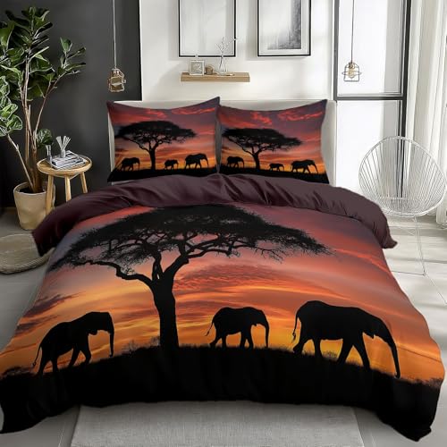 Kuschelig Tier Druck Bettwäsche 155 x 200 cm, Elefant Albizzia mit Tierdruck Bettbezug Mikrofaser Weiche Warme Bettwäsche und 2 Kissenbezug 80x80cm mit Reißverschluss, Bettwäsche Set von Generisch