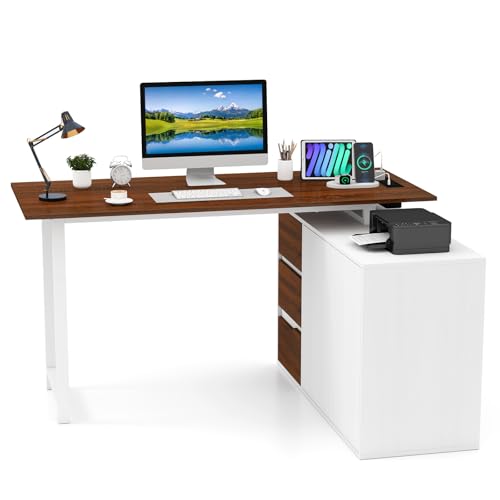 L-förmiger Computertisch, 138 cm, groß, wendbar, Eckschreibtisch, Schreibtisch, Studiertisch mit Aktenschrank und Steckdosen, Holz, Heimbüro, PC, Laptop, Gaming-Arbeitsplatz von Generisch
