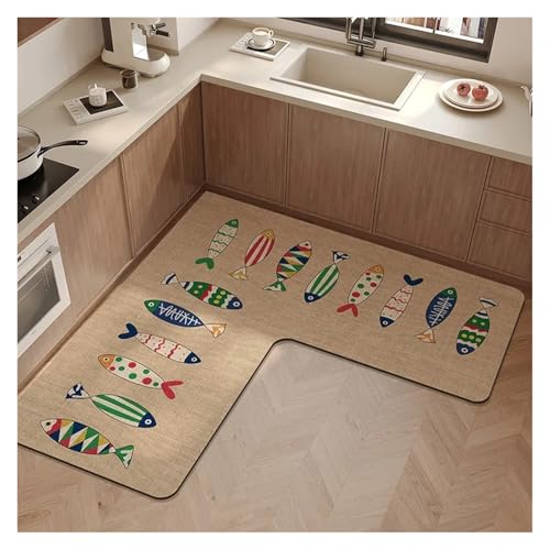 L-förmiger Eck-Küchenteppich, Cartoon, minimalistisch, PVC-Bodenmatte, Fischmuster, wasserdicht, öldicht, rutschfest, pflegeleicht (Beige, 160 x 160 x 60 cm) von Generisch
