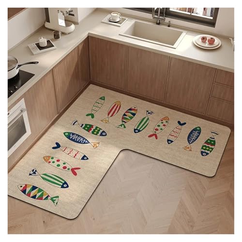 L-förmiger Eck-Küchenteppich, Cartoon, minimalistisch, PVC-Bodenmatte, Fischmuster, wasserdicht, öldicht, rutschfest, pflegeleichte Matten (Weiß, 160 x 160 x 60 cm) von Generisch
