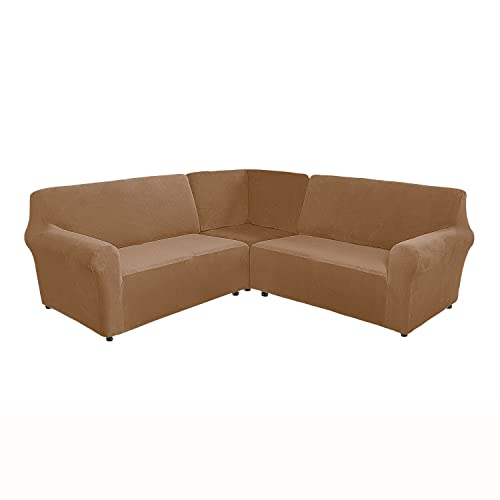 L-förmiger Samt-Stretch-Sofabezug – waschbarer 5-Sitzer-Eckschonbezug für Sektionalsofas, weicher Khaki-Samt-Möbelbezug für Liegestuhl und Wohnzimmer von Generisch