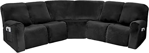 L-förmiger Sofabezug aus Samt, Plüsch, 7-teiliges Set, Eck-Couch-Schutz, dicker Möbel-Schonbezug für modulare 5-Sitzer-Sofas (schwarz, L-Form) von Generisch