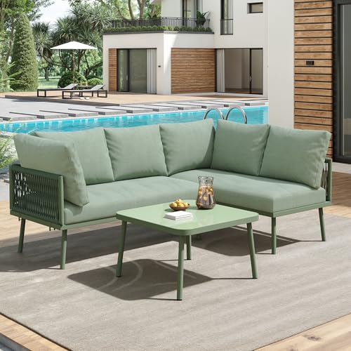 L-förmiges Garten-Lounge-Set aus Eisen mit grünem Seilgewebe – Inkl. 2 Sofas, 1 Tisch mit grünem Glas, verstellbaren Füßen & waschbaren Sitzkissen für Terrasse, Garten oder Poolbereich (120x60x72 cm) von Generisch