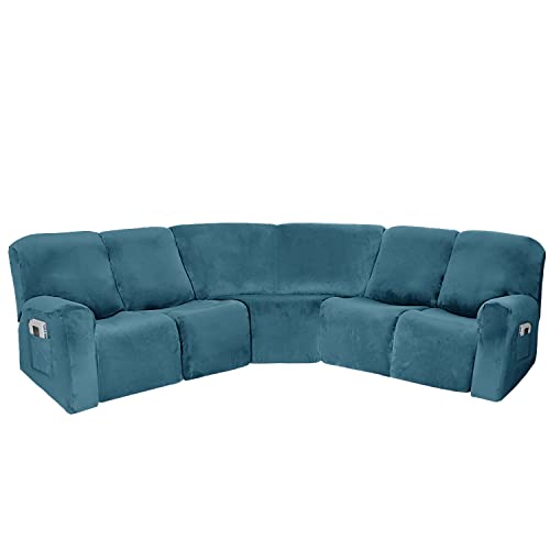 L-förmiges Sofa-Bezug-Set, 7-teilig, Samt, Stretch-Schonbezug für 5-Sitzer, Liegestuhl, Eckcouch, Pfauenblau von Generisch