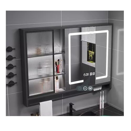 LED-Badezimmer-Spiegelschrank mit Beleuchtung, Wandmontage, moderner Waschtisch mit Spiegel, Handtuchhalter, schwarzes Finish (B 130 x H 75 cm) von Generisch