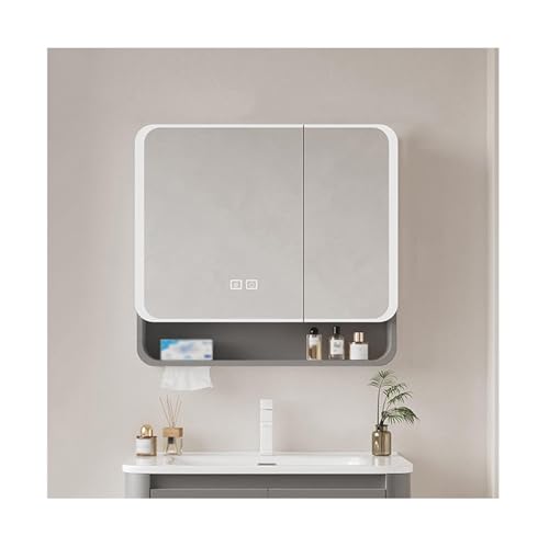 LED-Badezimmer-Spiegelschrank mit Stauraum, grauer Medikamentenschrank zur Wandmontage oder zum Einbauen, stilvoller Badezimmerspiegel mit Licht, 80 cm B x 70 cm H, perfekt für oberhalb der Toilette von Generisch
