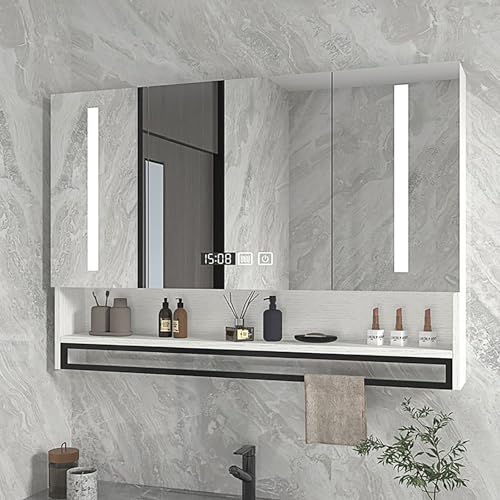 LED Badezimmer Spiegelschrank mit Stauraum und Defogger HD Spiegel Zeitanzeige Touch-Schalter Weiß (60x13x80cm) von Generisch