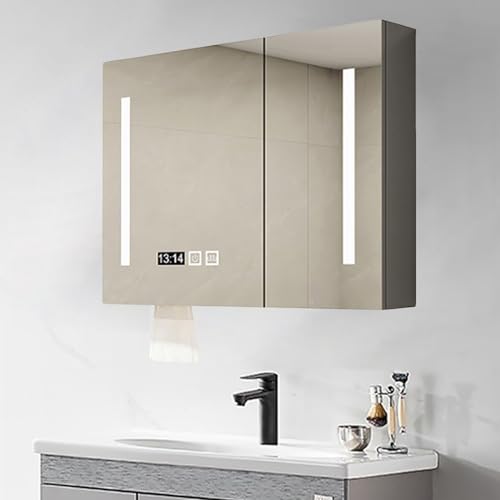 LED-Badezimmer-Spiegelschrank mit Uhr, beschlagfrei, Wandmontage, Holzaufbewahrung, 3 Farblichtoptionen, stilvoller Schminktisch für moderne Badezimmer LED-Badezimmer-Spiegelschrank mit Uhr, beschlagfrei, Wandmontage, Holzaufbewahrung, 3 Farblichtoptionen, stilvoller Schminktisch für moderne Badezimmer von Generisch