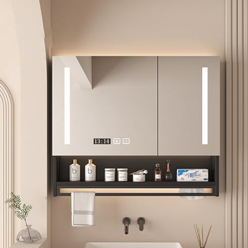LED Badezimmer Waschtisch mit Smart Touch Spiegel, Wandmontierter Aufbewahrungsschrank, Defogger, Zeit- und Temperaturanzeige, platzsparendes Design, modernes weißes Finish LED Badezimmer Waschtisch mit Smart Touch Spiegel, Wandmontierter Aufbewahrungsschrank, Defogger, Zeit- und Temperaturanzeige, platzsparendes Design, modernes weißes Finish von Generisch