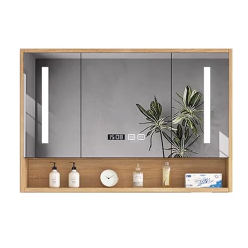 LED Badezimmerspiegel mit Aufbewahrung Massivholz Medizinschrank Intelligenter Anti-Beschlag-Touch-Schalter Zeitanzeige Schminkspiegel mit Lichtern Modernes Design für Home Essentials von Generisch
