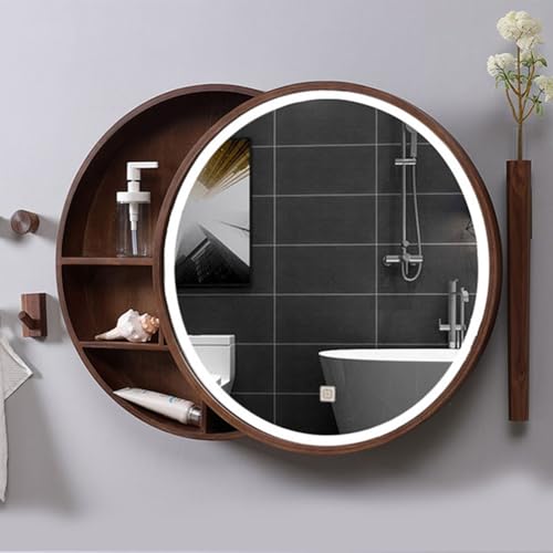 LED-Badezimmerspiegel mit Holzrahmen, runder Schminkschrank, 50 cm/60 cm, Walnussholz, beleuchtet mit versteckten Ablagen für Toiletten und Balkone von Generisch