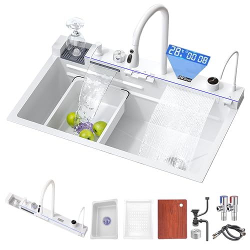 LED Doppel-Wasserfall-Spüle mit Tassenspüler & Seifenspender, moderner Aufsatz-Mixer mit Touch-Steuerung, stilvolle Arbeitsplatz-Küchenspüle (68 x 46 x 22 cm, weiß) von Generisch