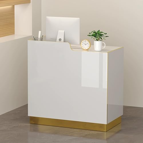LED-Empfangstisch für kleine Räume, moderne Theke mit abschließbarer Schublade, stilvoller Willkommensschreibtisch für Büro und Lobby, Empfangsmöbel für den Einzelhandel (Weiß und Gold, 90 cm) von Generisch
