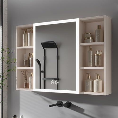 LED-Medizinschrank mit Spiegel, Aluminium-Schminkspiegelschrank mit Anti-Beschlag-Funktion, moderner Badezimmer-Aufbewahrungs-Wandschrank mit offenem Regal und Beauty-Aufbewahrungsregal von Generisch