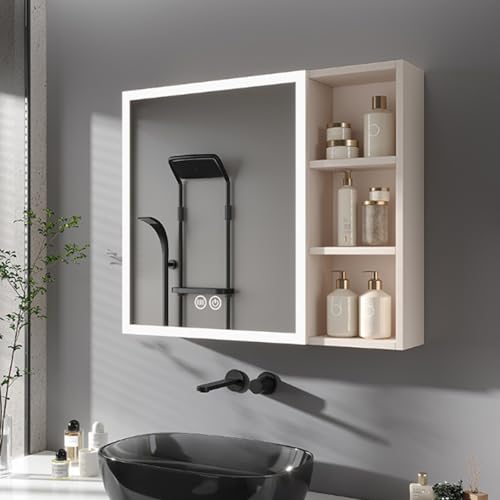 LED-Medizinschrank mit Spiegel, Aluminium-Schminkspiegelschrank mit Anti-Beschlag-Funktion, moderner Badezimmer-Aufbewahrungs-Wandschrank mit offenem Regal und Beauty-Aufbewahrungsregal von Generisch