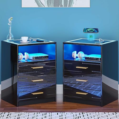 LED Nachttisch 2er Set mit kabelloser Aufladung, Nachttische mit Glasplatte, Smart Side End Tables mit Schubladen für Wohnzimmer, Schlafzimmer LED Nachttisch 2er Set mit kabelloser Aufladung, Nachttische mit Glasplatte, Smart Side End Tables mit Schubladen für Wohnzimmer, Schlafzimmer von Generisch