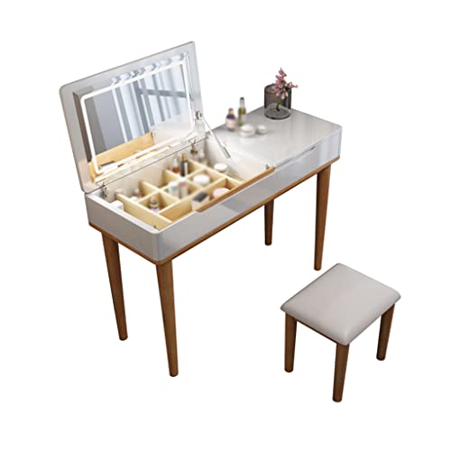 LED Schminktisch Set mit Spiegel & Hocker 1 Schublade 1 Aufbewahrungsschrank Holz Schlafzimmermöbel (Größe:45 x 80 x 76 cm) Stilvoller & funktionaler Schminktisch von Generisch