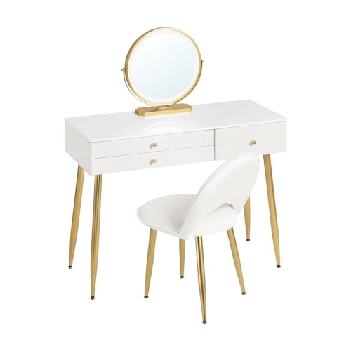 LED Schminktisch Set mit verstellbarem Spiegel, 3 Schubladen und Samt Hocker - Eleganter Schminktisch für Schlafzimmer (Weiß) von Generisch