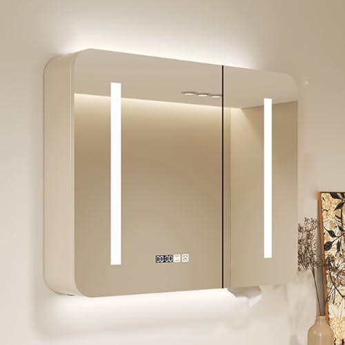 LED-Schrank mit Spiegel, moderner Badezimmer-Aufbewahrungs-Wandschrank mit Anti-Beschlag-Technologie, intelligenter Kosmetikspiegel mit dreifarbigem Licht und Zeitanzeige von Generisch