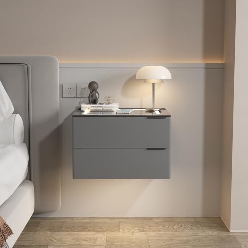 LED Schwebender Nachttisch mit Schublade & Ladestation Modernes Hochglanz-Design für Schlafzimmer & Wohnzimmer Platzsparend Grau Nachttisch (50x40x32cm) von Generisch