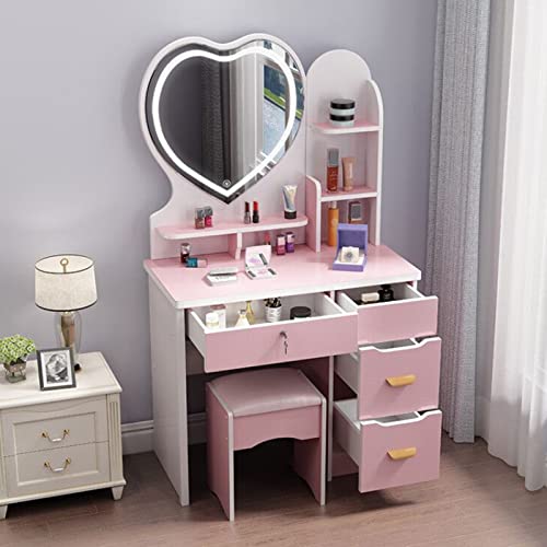LED-Spiegel-Schminktisch-Set mit gepolstertem Hocker, 3 Farboptionen, Holz, Schminktisch für Schlafzimmer und Ankleidezimmer, 80 x 35 x 120 cm, Rosa LED-Spiegel-Schminktisch-Set mit gepolstertem Hocker, 3 Farboptionen, Holz, Schminktisch für Schlafzimmer und Ankleidezimmer, 80 x 35 x 120 cm, Rosa von Generisch