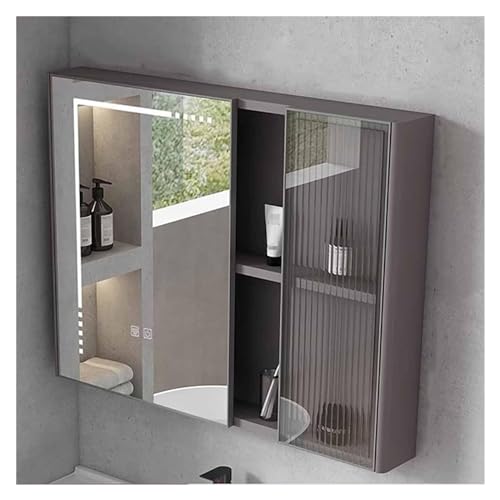 LED-beleuchteter Badezimmer-Wandschrank mit Touch-Schalter, intelligenter Badezimmer-Medizinschrank mit Spiegel, beschlagfrei, 2-lagige Aufbewahrungsregale (Farbe: Grau, Größe: 75 x 65 x 13 cm) von Generisch