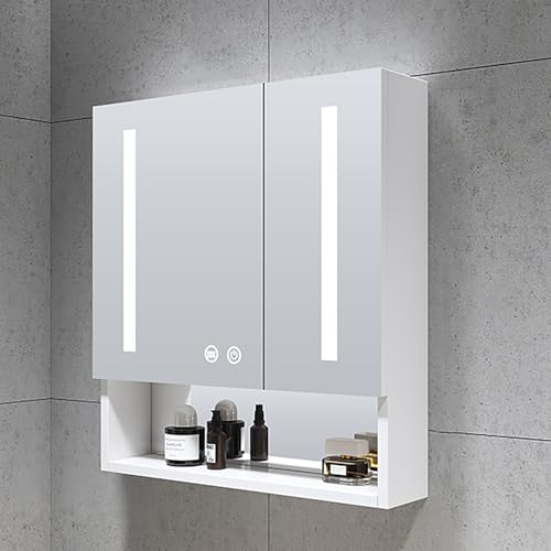 LED-beleuchteter Badezimmerspiegel zur Wandmontage, Frontbeleuchtung, beschlagfrei, dimmbar, 3-Farbtemperatur, moderne Aufbewahrung mit Haartrocknerständer, Weiß, 60 cm LED-beleuchteter Badezimmerspiegel zur Wandmontage, Frontbeleuchtung, beschlagfrei, dimmbar, 3-Farbtemperatur, moderne Aufbewahrung mit Haartrocknerständer, Weiß, 60 cm von Generisch