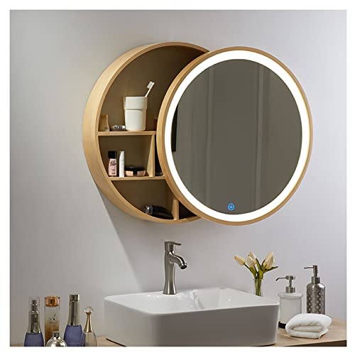 LED-beleuchteter Badezimmerspiegelschrank mit Stauraum, Wandmontage, runder Kosmetikspiegel für Schlafzimmer, Waschräume, Wohnzimmer und Eingangsbereich, Beige, 50 cm LED-beleuchteter Badezimmerspiegelschrank mit Stauraum, Wandmontage, runder Kosmetikspiegel für Schlafzimmer, Waschräume, Wohnzimmer und Eingangsbereich, Beige, 50 cm von Generisch