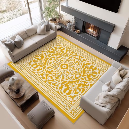 Läufer 80 x 150 cm Gelb Teppiche, Geometrische Symmetrische Formen Waschbarer Rutschfester Teppich, weiche Teppich für den Innenbereich Schlafzimmer Wohnzimmer Esszimmer von Generisch