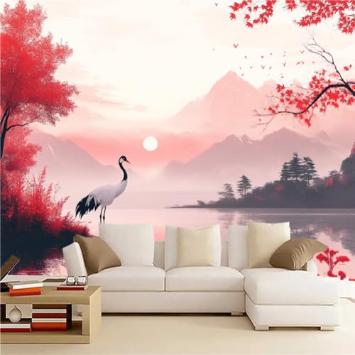Landschaft Fototapete selbstklebend 3D Effekt Mandschurenkranich Wandgemälde Tapete für Wände Schlafzimmer Wohnzimmer Schlafzimmer TV-Hintergrund Kinderzimmer Dekoration （365 x 254 cm） von Generisch