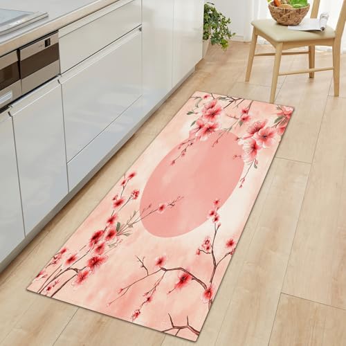 Lang rutschfest Flur Läufer Teppich 60 x 180 cm, Waschbar Rosa Korridor TeppichLäufer für Flur Orientalische Retro Blumenblätter Schlafzimmer Wohnzimmer Teppichmatte Dauerhaft Küchenteppich von Generisch