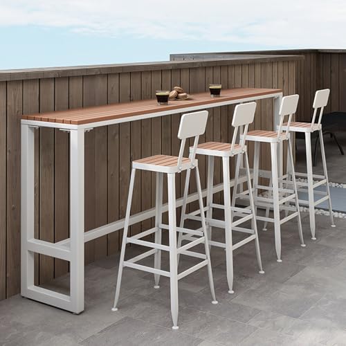 Langer Bartisch im Industriestil – Rustikaler schmaler Küchen-Esstisch mit Tischplatte aus Kunststoffholz, hohes Metallbock-Design in Thekenhöhe für den Außenbereich, Keine Hocker erforderli von Generisch