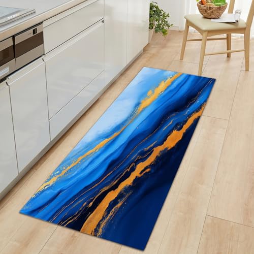 Langer Teppich Läufer Flur rutschfest 60 x 180 cm, Flurteppich Läufer Lang Tusche Marmor Orientalisch Freihand Flurläufer - Abstrakte Blau Gold Textur Küchenteppich TeppichLäufer für Wohnzimmer Langer Teppich Läufer Flur rutschfest 60 x 180 cm, Flurteppich Läufer Lang Tusche Marmor Orientalisch Freihand Flurläufer - Abstrakte Blau Gold Textur Küchenteppich TeppichLäufer für Wohnzimmer von Generisch