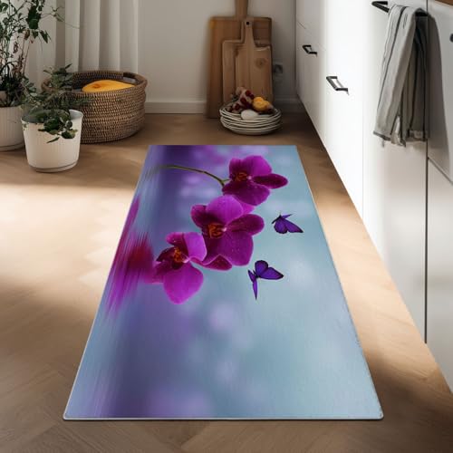 Langer Teppich Läufer Flur rutschfest 80 x 120 cm, Flurteppich Läufer Lang Wassertropfen Lila Orchideen Schmetterlinge Flurläufer - Naturszenerie Küchenteppich Teppichläufer für Flur Wohnzimmer Küche Langer Teppich Läufer Flur rutschfest 80 x 120 cm, Flurteppich Läufer Lang Wassertropfen Lila Orchideen Schmetterlinge Flurläufer - Naturszenerie Küchenteppich Teppichläufer für Flur Wohnzimmer Küche von Generisch