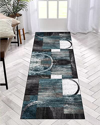 Langer rutschfester Teppich 120x500cm Waschbar Polyester für Flur, Küche, Wohnzimmer & Schlafzimmer - Blau & Schwarz Teppichmatte Meterware von Generisch