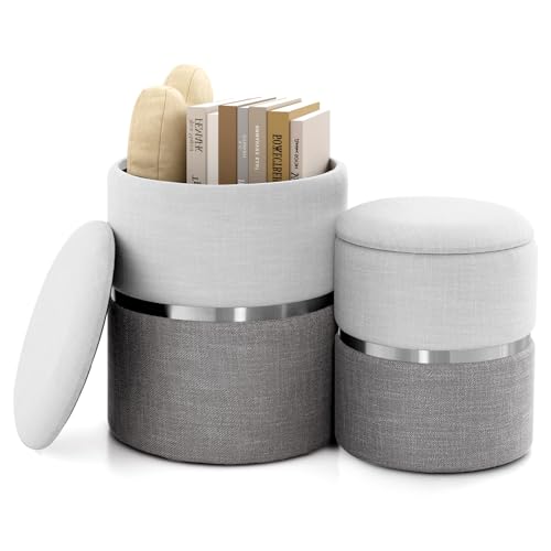 Linen Storage Ottomans 2er Set Runde Fußhocker Pouf Ottomane mit abnehmbarem Bezug Gepolsterter Sitz Fußstütze für Wohnzimmer Schlafzimmer Beige und Grau von Generisch