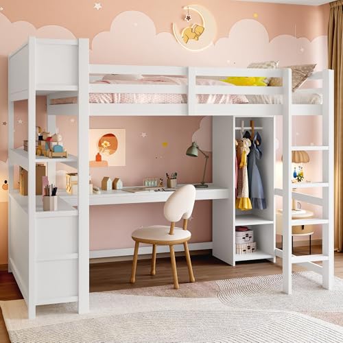 Loftbett mit Integriertem Schreibtisch und Kleiderschrank, Hochbett mit Viel Stauraum und Regalen,Arbeits- und Schlafbereich Komplettset,Weiß von Generisch