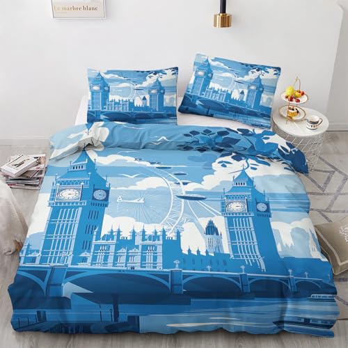London Deko - London Bettwäsche 135x200 Winter, Big Ben Stadt Landschaft Bettbezug 135 x 200 2er Set mit 1 Kissenbezug 80x80, Weiche Mikrofaser Winterbettwäsche mit Reißverschluss T#&206 von Generisch