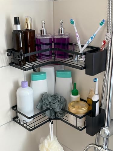Lordschaft Duschablage ohne Bohren – 2er Set Eckregal Schwarz aus Edelstahl – Selbstklebend mit 4 Haken & Zahnpasta-Halter – Rostfrei & stark haftend - Shampoo Halterung für Dusche - Badezimmer Lordschaft Duschablage ohne Bohren – 2er Set Eckregal Schwarz aus Edelstahl – Selbstklebend mit 4 Haken & Zahnpasta-Halter – Rostfrei & stark haftend - Shampoo Halterung für Dusche - Badezimmer von Generisch
