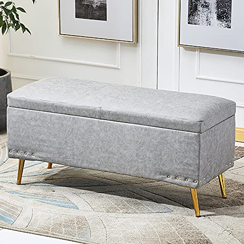 Luxuriöse, hellgraue Kunstleder-Aufbewahrungsbank, moderner multifunktionaler Ottoman-Fußhocker mit weicher Sitzfläche und Fell-Fußstütze, stilvolles rechteckiges Design (80 x 40 x 45 cm) von Generisch
