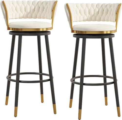Luxuriöse Barhocker aus Samt, 2er-Set, Thekenhöhe, mit gebogener gewebter Rückenlehne und Fußstütze für Zuhause, Bar, Küche, Insel, weißer Samtsitz mit schwarzen Metallbeinen, 75 cm von Generisch