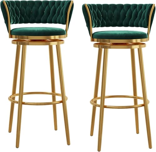 Luxuriöse Barhocker aus Samt, 2er-Set, Thekenhöhe mit gebogener gewebter Rückenlehne, Fußstütze, grüner Samtsitz, schwarze Metallbeine, ideal für Zuhause, Bar, Kücheninsel, 65 cm Höhe von Generisch