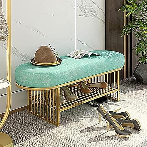 Luxuriöse Eingangsbank mit goldenem Schuhregal, Samt gepolsterte Sitzfläche für moderne Wohnungen von Generisch