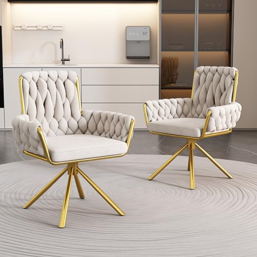 Luxuriöse Esszimmerstühle aus Samt, 2er-Set, mit Drehfunktion und Metallstützbeinen, für Wohnzimmer- oder Schlafzimmer-Dekor, Beige, 2 Stück von Generisch