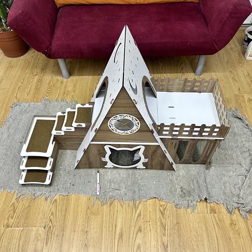 Luxuriöse Katzenhaus aus Holz – Handgefertigtes Bungalow Model für Innenbereich | Mehrstöckiges Schloss mit Plattformen & Treppe | Designer Schlafplatz für Katzen von Generisch